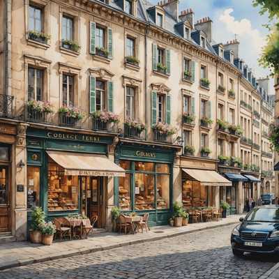 Das Bild zeigt eine malerische Pariser Straßenszene im Aquarellstil. Die Ladenfronten sind charmant und malerisch, mit pastellfarbenen Fassaden und kunstvollen architektonischen Details. Jedes Gebäude hat große Fenster, die verschiedene reizvolle Auslagen wie Blumen, Gebäck und Kunstwerke zeigen. Die Kopfsteinpflasterstraße trägt zum rustikalen Charme bei, und es gibt kleine Markisen und Schilder in eleganten, vintage Schriften. Die Gesamtatmosphäre ist romantisch und nostalgisch und fängt den Charme von Paris ein.