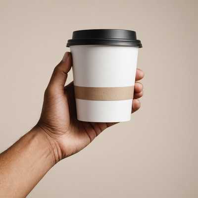 Ein Hand, die eine Kaffeetasse mit leerem Etikett hält, vor einem neutralen Hintergrund.