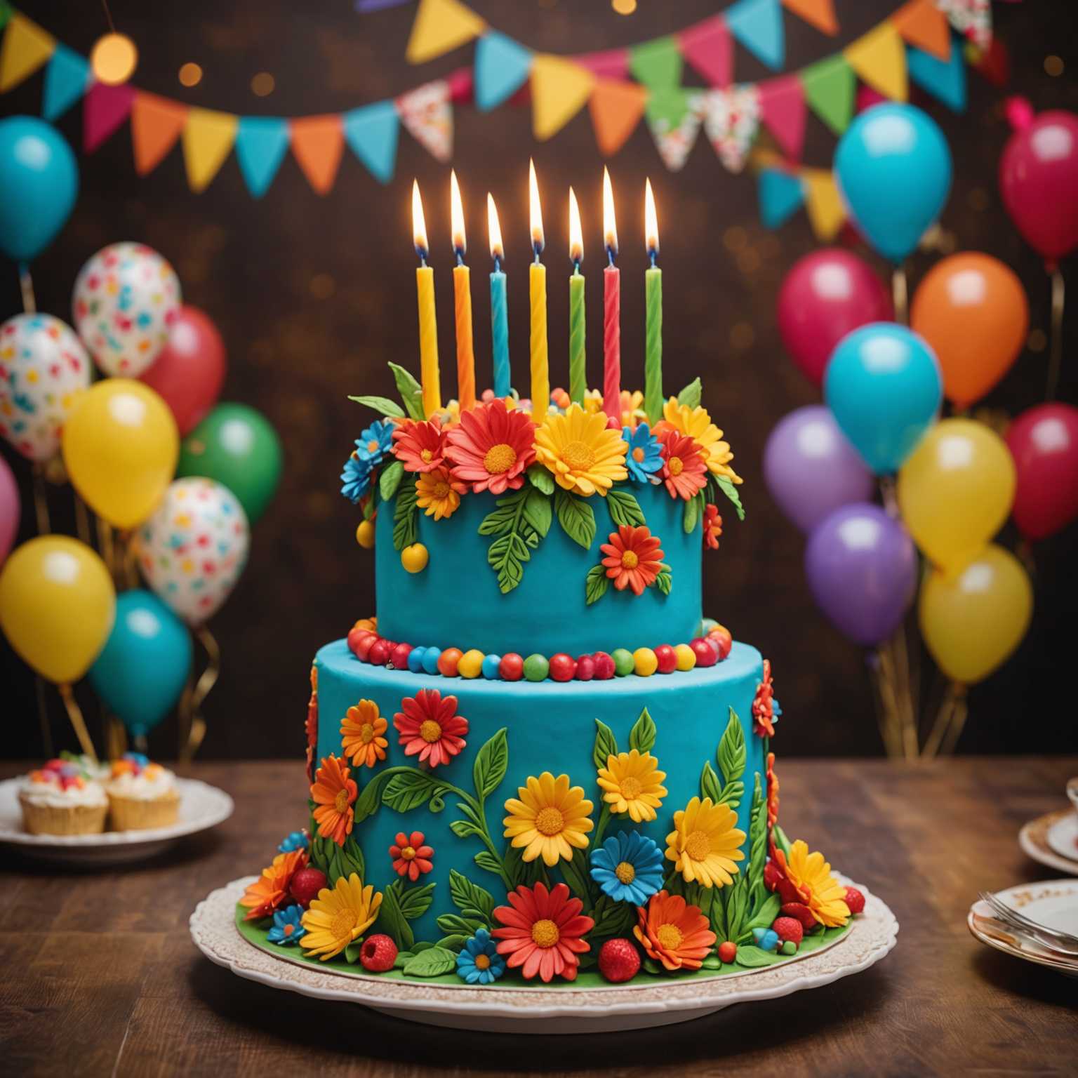 Eine professionell dekorierte Geburtstagstorte mit komplizierten Designs, lebendigen Farben und dekorativen Elementen wie Blumen und Kerzen. Die Torte steht in einem festlichen Rahmen, der vermutlich mit einem Hintergrund versehen ist, der das Feiermotiv ergänzt und zur insgesamt freudigen Atmosphäre beiträgt.