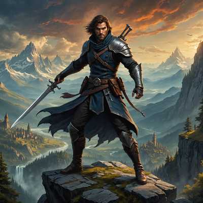 Ein grimmig aussehender Schurke in dunkler, agiler Kleidung, der mit einem listigen Ausdruck zwei Dolche schwenkt, in dynamischer Pose in einer fantastischen Landschaft mit hoch aufragenden Bergen und alten Wäldern steht, mit einem Hinweis auf eine mittelalterliche Stadt in der Ferne. Der Himmel ist in dramatischen Tönen gemalt, was zur epischen Atmosphäre der Szene beiträgt.