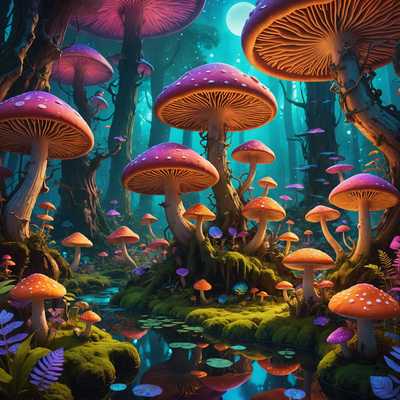 Das Bild zeigt eine fantasievolle 3D-Landschaft mit einem Cluster von lebhaft gefärbten, übergroßen Pilzen mit psychedelischem Aussehen. Die Pilze haben komplizierte, wirbelnde Muster und ein leuchtendes Glühen, das bunte Reflexionen auf die Umgebung wirft. Der Hintergrund besteht aus einem außerweltlichen Wald voller leuchtender Pflanzen, surrealer Formen und einer traumhaften Atmosphäre. Die Szene wird durch eine lebendige und fantasievolle Farbpalette, die von tiefen Purpurtönen und Blau bis hin zu hellen Rosa und Grün reicht, weiter verstärkt und schafft eine mystische und bezaubernde Stimmung.