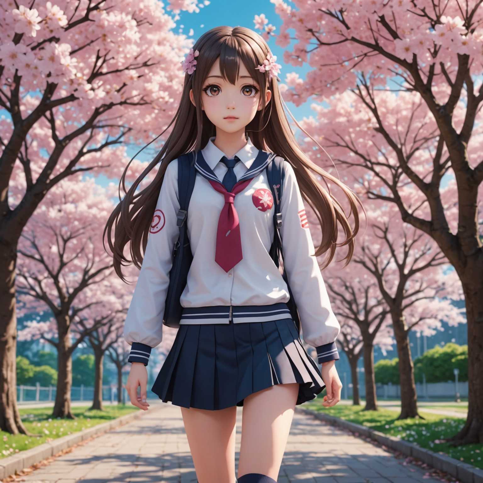 Ein junges Anime-Mädchen mit großen, ausdrucksvollen Augen und langem, fließendem Haar. Ihr Outfit besteht aus einer Schuluniform mit kurzem Rock und knielangen Socken. Sie steht in einer wunderschön detaillierten, 3D-gerenderten Umgebung; um sie herum befinden sich Kirschblütenbäume in voller Blüte mit sanft fallenden rosa Blütenblättern und einem hellen, klaren Himmel im Hintergrund. Die Beleuchtung fängt ein realistisches Gefühl mit weichen Schatten und Highlights ein, was die lebensechte Textur ihrer Haut, Kleidung und der umliegenden Szenerie verstärkt.