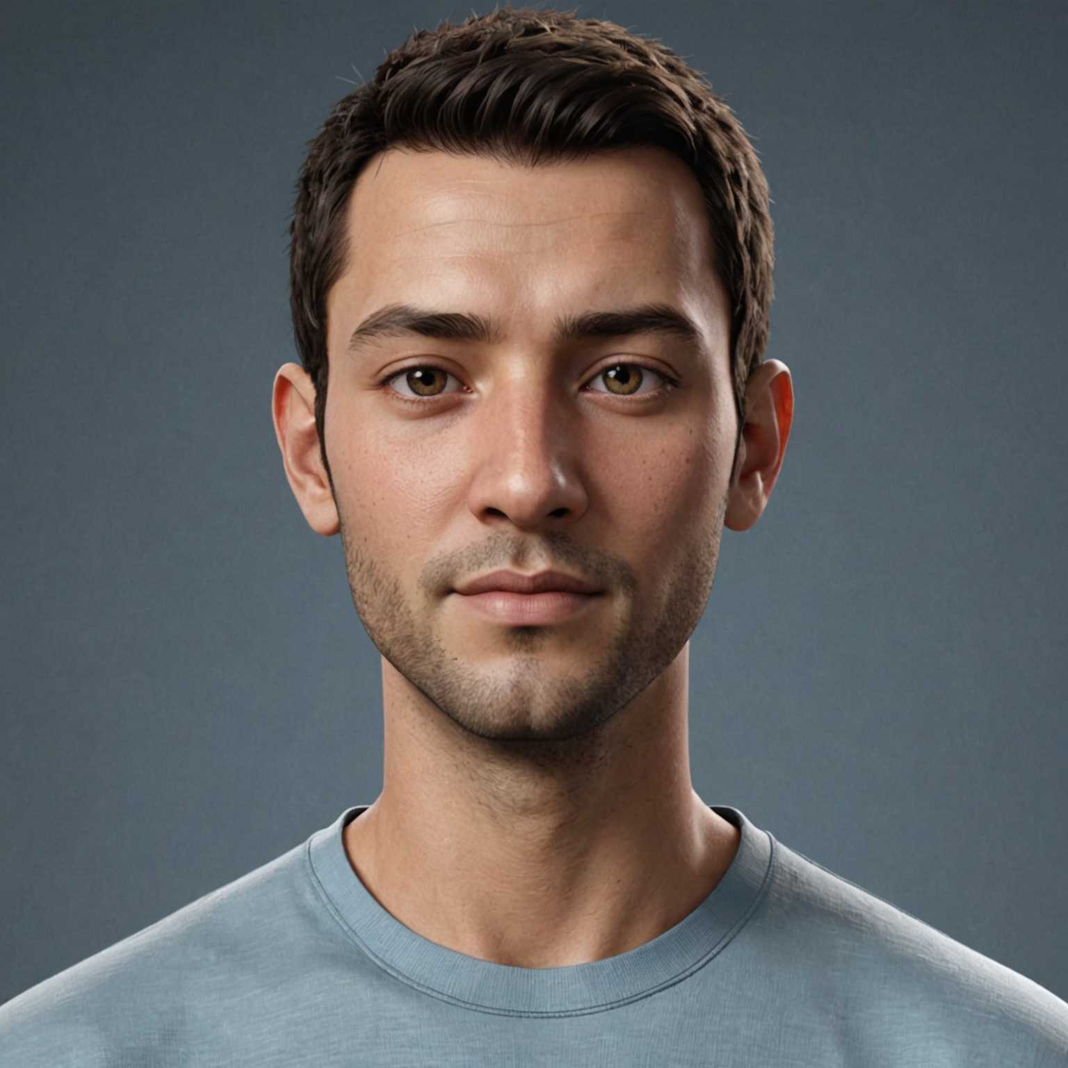Das Bild zeigt einen hochdetaillierten und realistischen 3D-Avatar einer Person, der verblüffende Ähnlichkeiten mit einem Foto aufweist. Der Avatar hat einen natürlichen Hautton, sorgfältig gerenderte Gesichtszüge wie Augen, Nase, Mund und Haare, was ihm ein lebensnahes Aussehen verleiht. Die Kleidung wirkt lässig, möglicherweise ein T-Shirt oder alltägliche Kleidung. Der Hintergrund ist schlicht und unauffällig, so dass der Fokus ausschließlich auf dem Avatar liegt. Die gesamte Ästhetik ist die eines gut gearbeiteten 3D-Modells, das für Videos, Reels oder ähnliche Medieninhalte gedacht ist.