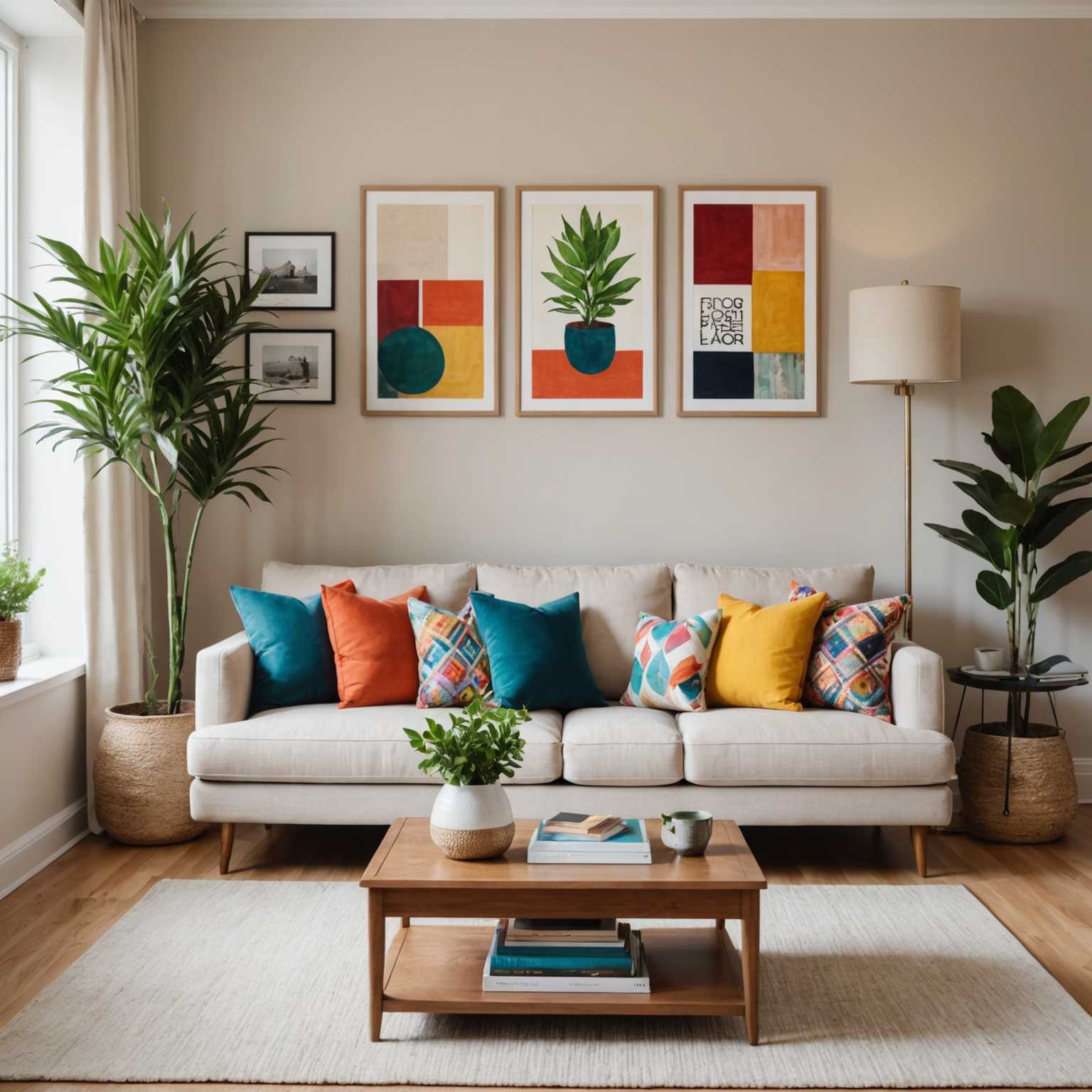 Das Bild zeigt ein gemütliches und stilvolles Wohnzimmerinterieur. Der Raum verfügt über ein bequemes beiges Sofa, das mit bunten Kissen verziert ist. Ein großes gerahmtes Kunstwerk hängt über dem Sofa und trägt zur warmen Atmosphäre bei. Vor dem Sofa steht ein Couchtisch, der mit einer Pflanze und ein paar Büchern dekoriert ist. Der Boden scheint aus poliertem Holz zu bestehen, und unter dem Couchtisch liegt ein weicher Teppich. An der Seite steht eine Stehlampe und ein dekoratives Regal mit verschiedenen Gegenständen wie Vasen und Bilderrahmen. Das Farbschema ist neutral mit lebhaften Farbakzenten von den Kissen und Accessoires. Natürliches Licht strömt aus einem nicht sichtbaren Fenster herein und verleiht dem Raum eine helle und luftige Atmosphäre.