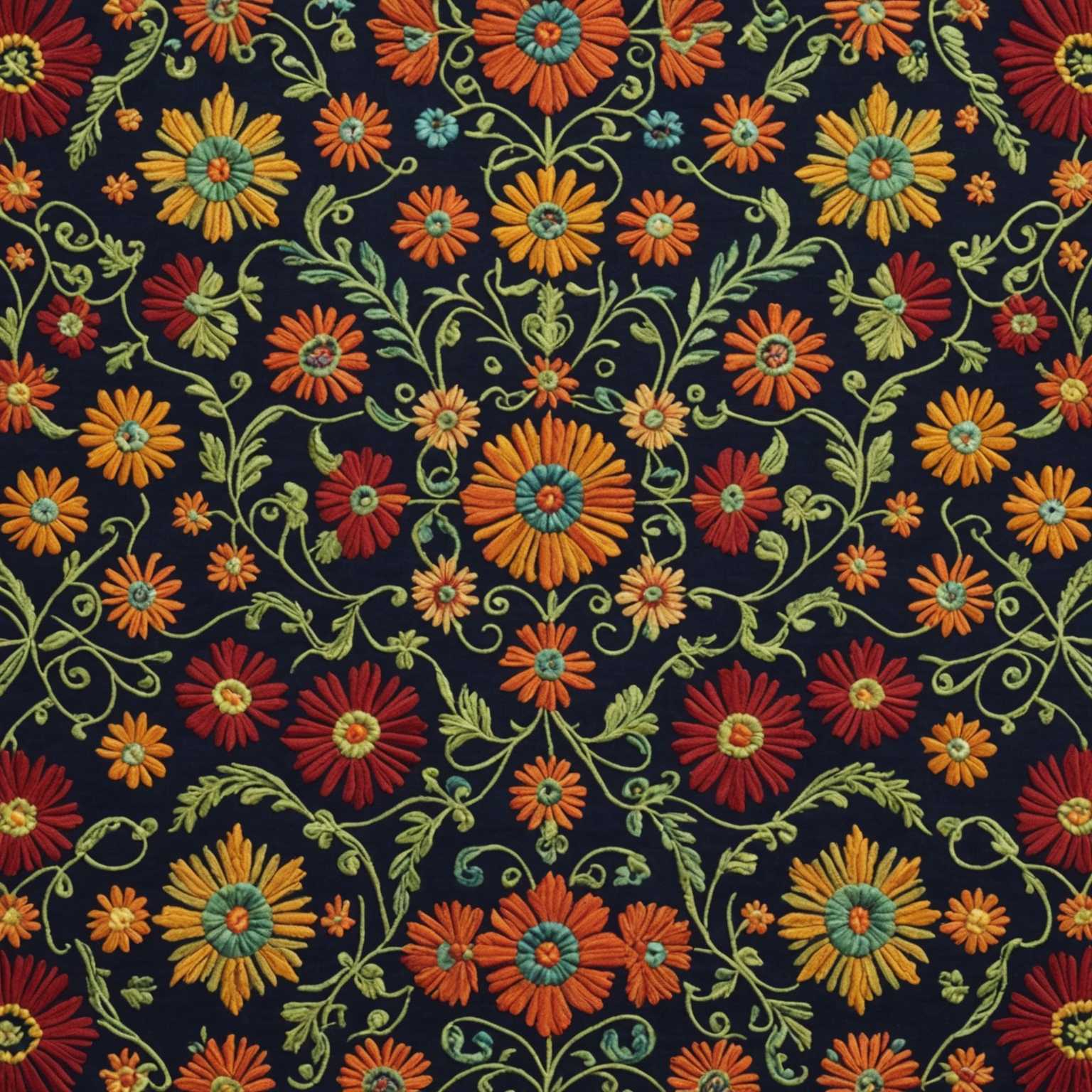 Das Bild zeigt kunstvoll gestaltete, realistische bestickte Stoffmuster. Das Design umfasst eine Mischung aus geometrischen Formen, floralen Motiven und ornamentalen Wirbeln, die alle symmetrisch angeordnet sind. Die Stickerei ist farbenfroh, mit reichen Tönen wie tiefem Rot, Blau, Gold und Grün, was ein lebendiges und festliches Erscheinungsbild schafft. Die Texturen wirken taktil und luxuriös und erinnern an hochwertige, handgenähte Handwerkskunst, wie sie typischerweise für Festtags- oder Anlassstoffe verwendet wird.