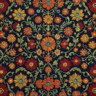 Das Bild zeigt kunstvoll gestaltete, realistische bestickte Stoffmuster. Das Design umfasst eine Mischung aus geometrischen Formen, floralen Motiven und ornamentalen Wirbeln, die alle symmetrisch angeordnet sind. Die Stickerei ist farbenfroh, mit reichen Tönen wie tiefem Rot, Blau, Gold und Grün, was ein lebendiges und festliches Erscheinungsbild schafft. Die Texturen wirken taktil und luxuriös und erinnern an hochwertige, handgenähte Handwerkskunst, wie sie typischerweise für Festtags- oder Anlassstoffe verwendet wird.