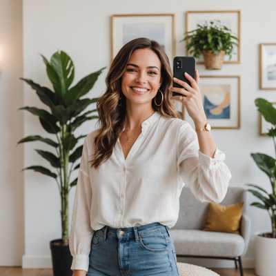 Eine Frau macht ein Selfie mit ihrem Smartphone. Sie lächelt und trägt ein stilvolles, lässiges Outfit: eine locker sitzende weiße Bluse, eine modische blaue Jeans und einige zarte Accessoires, darunter eine goldene Halskette und kleine Creolen. Ihr Haar ist in weichen Wellen gestylt und fällt ihr über die Schultern. Sie steht in einem gut beleuchteten Raum mit modernem Interieur, hellen Wänden und minimalistischer Dekoration. Im Hintergrund sind eine große Zimmerpflanze und gerahmte Kunstwerke an der Wand zu sehen. Das Bild fängt einen unbeschwerten und selbstbewussten Moment ein und betont Mode und soziale Medien Ästhetik.