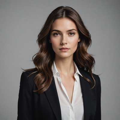 Ein anspruchsvolles, hochauflösendes Foto zeigt eine junge Frau mit makellosem, natürlich aussehendem Make-up vor einem minimalistischen Hintergrund. Sie hat langes, glänzendes braunes Haar, das in losen Wellen über ihre Schultern fällt. Sie trägt ein stilvolles, zeitgemäßes Outfit, das einen taillierten schwarzen Blazer über einer weißen Bluse umfasst. Ihr Ausdruck ist selbstbewusst und souverän, und die Beleuchtung betont ihre Gesichtszüge, wodurch das Bild Tiefe und Realismus erhält. Die Gesamtstimmung des Porträts ist modern und modebewusst und fängt eine elegante und professionelle Ästhetik ein.