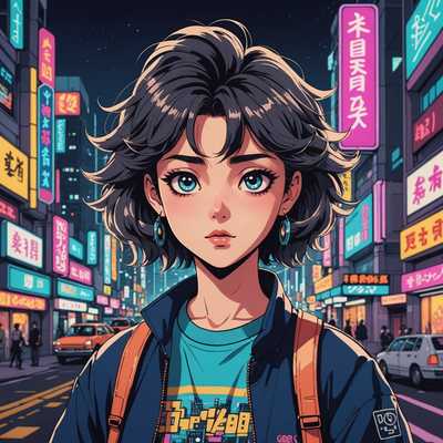 Das Bild zeigt eine Gruppe von Retro-Anime-Charakteren in einer lebendigen, bunten Szene. Es gibt mehrere Charaktere mit unterschiedlichen Erscheinungsbildern, die den klassischen Anime-Kunststilen der 80er und 90er Jahre entsprechen. Sie haben große, ausdrucksstarke Augen, einzigartige Frisuren und detaillierte Outfits, die typisch für diese Ära sind. Der Hintergrund zeigt eine nostalgische, handgezeichnete Stadtszene mit Neonlichtern und Retro-Architektur, was das Vintage-Gefühl verstärkt. Die Charaktere sind in verschiedenen Aktivitäten vertieft und fangen einen lebendigen und dynamischen Moment ein.