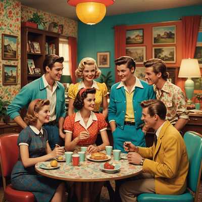1950er-Jahre Party: Fröhliche Gruppe im Retro-Stil