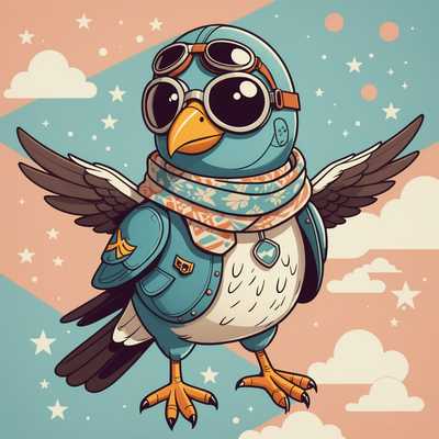 Ein Vogel im Retro-Stil, der als Pilot mit Fliegerbrille und Schal verkleidet ist und im Hintergrund fliegt. Im Hintergrund sind einfache, retro Muster und dezente Pastellfarben zu sehen.
