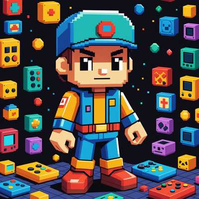 Das Bild zeigt eine Pixelkunst-Darstellung eines Retro-Gaming-Avatars. Die Figur ist mit blockigen, farbenfrohen Pixeln gestaltet, die an alte Videospiel-Sprites erinnern. Der Avatar zeichnet sich durch eine lebendige Farbpalette aus, die typisch für Retro-Spiele ist, mit klar definierten Pixeln, die die Formen und Details des Charakters schaffen. Das Umfeld um den Avatar könnte Elemente wie pixelige Hintergründe oder Objekte enthalten, die alle zu einer klassischen Videospiel-Ästhetik beitragen.