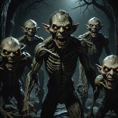 Eine 3D-gerenderte Horrorszene mit grotesken, monströsen Charakteren mit verzerrten menschlichen Zügen. Die Umgebung ist dunkel und unheimlich, begleitet von beunruhigenden, alptraumhaften Kreaturen. Diese Figuren haben übertriebene, verdrehte Gesichter mit scharfen Zähnen, leuchtenden Augen und unnatürlich verdrehten Gliedmaßen. Die Texturen sind sehr detailliert und betonen die grausige und erschreckende Natur jedes Charakters. Schatten und gedämpftes Licht verstärken die insgesamt gruselige Atmosphäre und verleihen der Szene eine intensive und gespenstische Wirkung.
