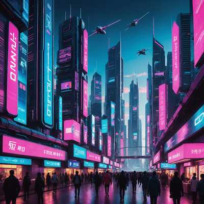 Eine futuristische Stadtlandschaft mit hoch aufragenden Wolkenkratzern und fortschrittlicher Technologie, beleuchtet von Neonlichtern in lebhaften Blautönen und Pink. Der Himmel ist dunkel und voller fliegender Fahrzeuge und holografischer Werbetafeln. Die Straßen sind belebt mit Menschen in High-Tech-Outfits, robotischen Begleitern und Verkäufern, die futuristische Geräte verkaufen. Die Architektur verbindet schlanke metallische Elemente mit organischen Formen und schafft eine fesselnde Sci-Fi-Atmosphäre. Das Kunstwerk hat einen 3D-Comicbuchstil mit übertriebenen Proportionen und kräftigen Linien, die das dynamische und energetische Gefühl der Szene verstärken.