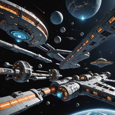 Das Bild zeigt ein riesiges, weites Universum, gefüllt mit zahlreichen schwebenden Sci-Fi-Raumschiffen und Stationen. Die Raumschiffe sind in verschiedenen Größen und Formen zu sehen, mit schlanken, metallischen Designs, verziert mit leuchtenden Lichtern und fortschrittlichen technologischen Merkmalen. Einige Raumschiffe haben längliche Körper mit großen Triebwerken am Heck, während andere kompakter sind und kugelförmige oder scheibenartige Strukturen aufweisen. Die Raumstationen sind riesig, mit komplexen Geometrien, Andockbuchten und drehbaren Segmenten. Sterne und ferne Planeten sind im Hintergrund sichtbar und tragen zur kosmischen Kulisse bei. Die Gesamtszene zeigt ein futuristisches, geschäftiges Zentrum interstellarer Aktivitäten.
