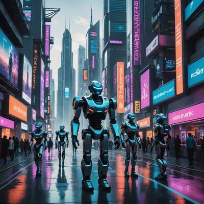 Ein futuristisches Stadtbild mit hoch aufragenden Wolkenkratzern und schwebenden Fahrzeugen. Die Gebäude haben ein schlankes, modernes Design mit Neonlichtern, die ihre Strukturen beleuchten. Im Vordergrund gehen humanoide Roboter auf den Straßen und interagieren miteinander. Der Bürgersteig hat einen metallischen Glanz, und es gibt verschiedene futuristische Werbetafeln und holographische Anzeigen, die die Straßen säumen. Auf einigen höheren Etagen der Wolkenkratzer verbinden Himmelswege die Gebäude. Im Zentrum der Stadt befindet sich eine große, kreisförmige Struktur, die wie ein Knotenpunkt oder eine zentrale Station wirkt. Die gesamte Szene hat eine lebendige, energetische Atmosphäre, mit einer Mischung aus Technologie und futuristischer Architektur.