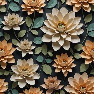 Das Bild zeigt ein nahtloses, wiederholbares Muster aus kunstvoll gestalteten, dreidimensionalen Blumen. Die Blumen variieren in Größe und Art und erscheinen in einer harmonischen Reihe von natürlichen Farben. Der Hintergrund bietet einen subtilen Kontrast und verstärkt die Lebendigkeit und Tiefe der Blumenmotive. Das Gesamtergebnis ist eine reiche, strukturierte Fläche, die fast lebensecht wirkt und die Schönheit der Natur mit einer stilisierten, künstlerischen Darstellung nahtlos verbindet.