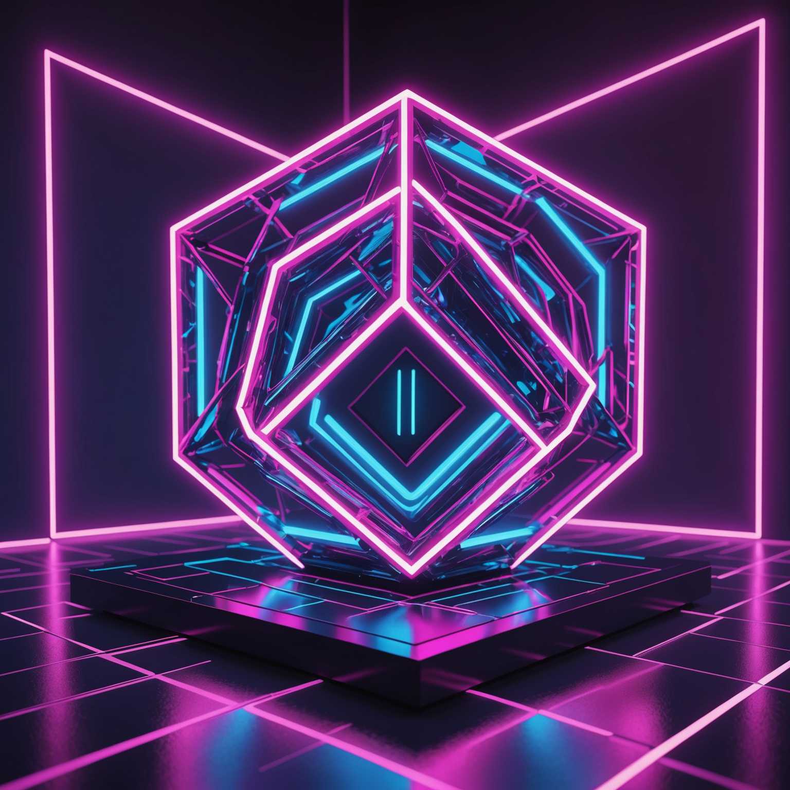 Das Bild zeigt ein faszinierendes 3D-Abstraktdesign, das ein lebendiges Neon-Leuchten ausstrahlt. Die Komposition ist eine Mischung aus dynamischen Formen und Mustern, mit einer klaren Synthwave-Ästhetik, die durch leuchtende Linien und geometrische Elemente gekennzeichnet ist. Die Farbpalette umfasst hauptsächlich elektrische Blau-, strahlende Lila- und leuchtende Pinktöne, die eine visuell fesselnde und jenseitige Szene schaffen. Reflexive Oberflächen und detaillierte Details verleihen dem Stück Tiefe und verstärken seine futuristische und künstlerische Anziehungskraft.