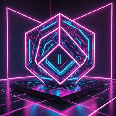 Das Bild zeigt ein faszinierendes 3D-Abstraktdesign, das ein lebendiges Neon-Leuchten ausstrahlt. Die Komposition ist eine Mischung aus dynamischen Formen und Mustern, mit einer klaren Synthwave-Ästhetik, die durch leuchtende Linien und geometrische Elemente gekennzeichnet ist. Die Farbpalette umfasst hauptsächlich elektrische Blau-, strahlende Lila- und leuchtende Pinktöne, die eine visuell fesselnde und jenseitige Szene schaffen. Reflexive Oberflächen und detaillierte Details verleihen dem Stück Tiefe und verstärken seine futuristische und künstlerische Anziehungskraft.
