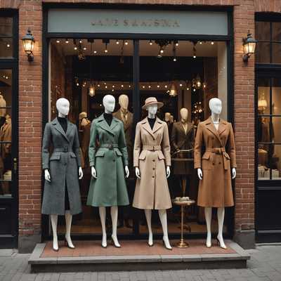 Das Bild zeigt eine charmante Straßenszene mit bunten Schaufenstern. Ein Laden präsentiert eine große Glasvitrine mit Schaufensterpuppen, die modische Kleidung tragen, umgeben von eleganter Beleuchtung. Die Gebäude haben einen klassischen architektonischen Stil mit Backsteinfassaden und dekorativen Verzierungen. Passanten auf dem Gehweg sind lässig gekleidet, einige bleiben stehen, um die Auslagen zu betrachten. Die Gesamtatmosphäre ist einladend und lebendig und fängt das Wesen eines lebhaften Einkaufsviertels ein.