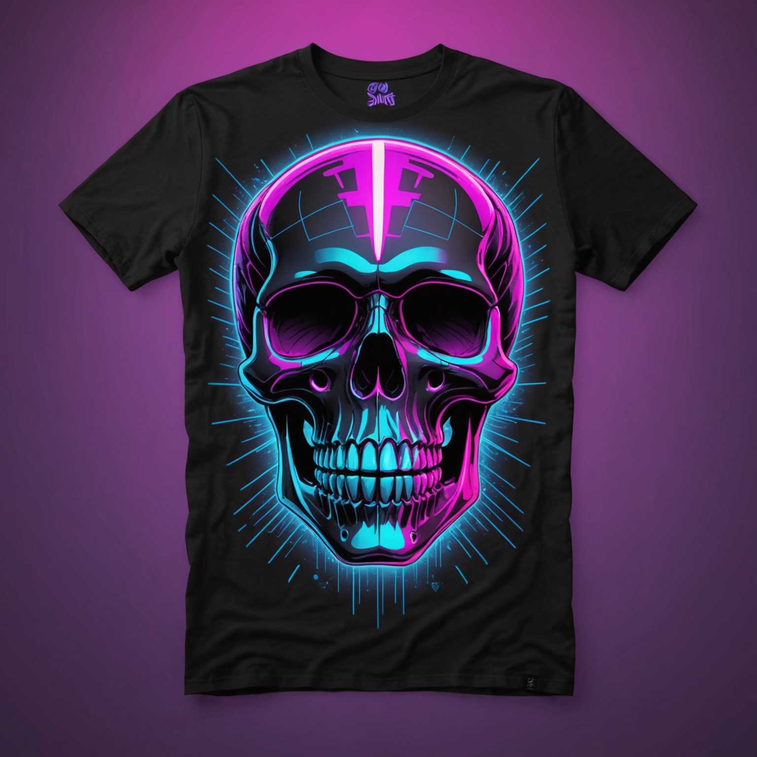 Ein schwarzes T-Shirt mit einem großen, neonfarbenen Schädel-Design auf der Vorderseite. Der Schädel hat helle, kontrastreiche Farben wie Pink, Blau und Lila und strahlt eine leuchtende Synthwave-Ästhetik aus. Der Schädel ist mit scharfen Linien und Highlights detailliert und verleiht ihm ein gruseliges Aussehen. Das T-Shirt hat einen modernen, kantigen Modestil, der Elemente von Synthwave und Horror in seinem Design vereint.