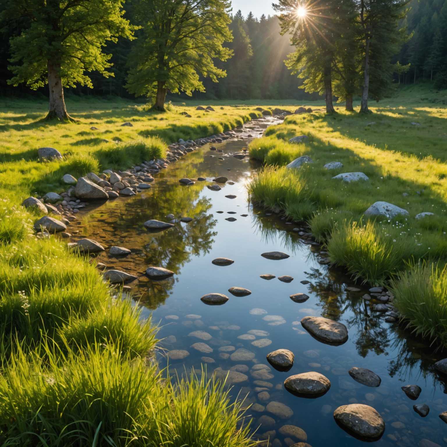 Ein klarer Bach, der sich durch eine Wiese schlängelt, mit funkelndem Wasser, das das Sonnenlicht reflektiert, und einigen Steinen, die aus der Oberfläche ragen.
