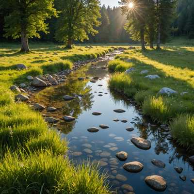 Ein klarer Bach, der sich durch eine Wiese schlängelt, mit funkelndem Wasser, das das Sonnenlicht reflektiert, und einigen Steinen, die aus der Oberfläche ragen.