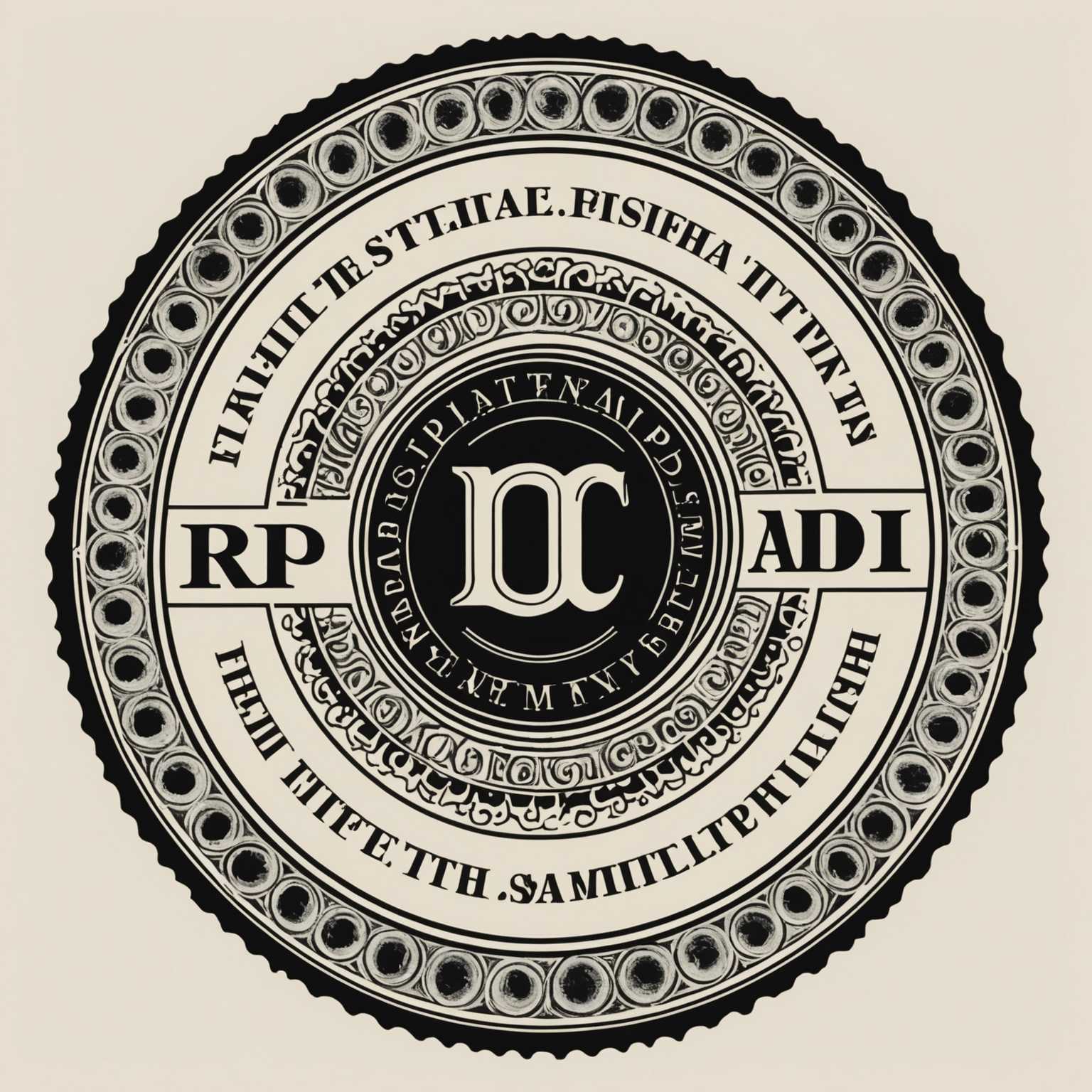 Das Bild zeigt ein rundes Logo, das einem klassischen Stempel ähnelt. Der äußere Rand des Kreises weist eine Reihe von gleichmäßig verteilten, kurzen Strichen auf, die die Perforationen einer Briefmarke nachahmen. Innerhalb dieses äußeren Randes befindet sich ein Band mit dem Text 'STAMP LOGOS' in fetten, Großbuchstaben, der entlang der oberen und unteren Kante des Kreises verläuft. Der zentrale Bereich des Kreises enthält eine einfache, aber ikonische grafische Darstellung. Dazu gehören zwei sich überlappende konzentrische Kreise, die eine innere und äußere kreisförmige Grenze bilden. Im inneren Bereich befindet sich ein abstraktes Design aus geometrischen Formen und Linien, das möglicherweise ein stilisiertes oder minimalistisches Bild im Zusammenhang mit Briefmarken oder Postdiensten darstellt. Das Gesamtdesign ist sauber und professionell gehalten, mit einem monochromatischen Farbschema, typischerweise in Schwarz-Weiß-Tönen oder gedämpften Farben.