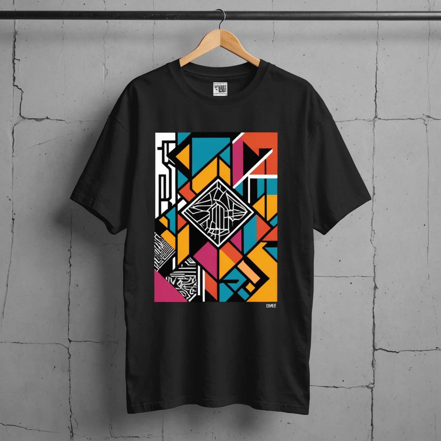 Das Bild zeigt ein Streetwear-T-Shirt, das an einem Kleiderbügel hängt. Das T-Shirt weist eine einzigartige grafische Illustration mit abstrakten Formen, urbanen Kunstelementen und trendiger Typografie auf. Es kombiniert kräftige Farben und komplizierte Muster, die die Kreativität und Vielfalt der modernen Streetwear-Mode hervorheben.