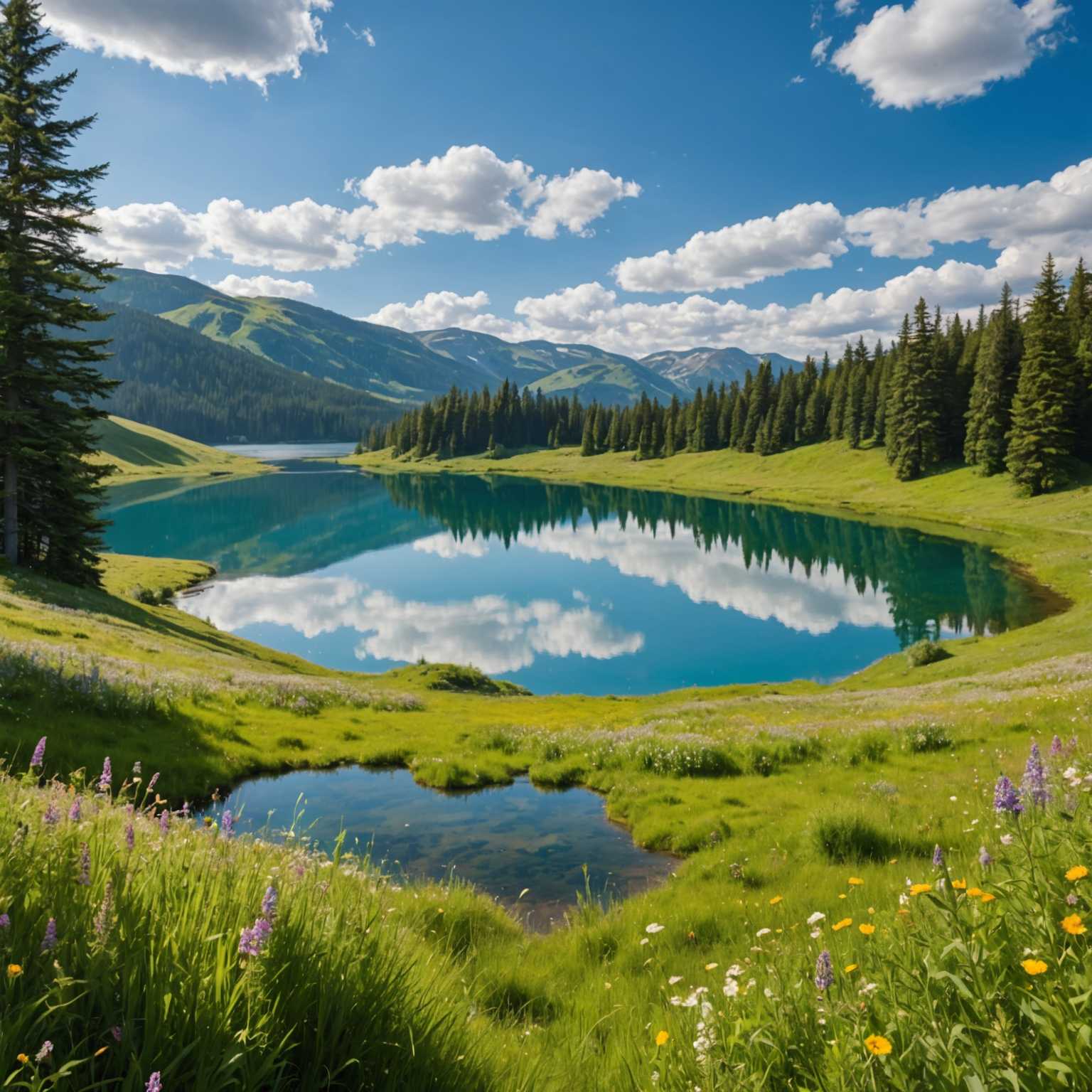 Eine atemberaubende Panoramalandschaft mit einer lebendigen, grünen Wiese, die sich bis zum Horizont erstreckt. Die Wiese ist mit einer Vielzahl von Wildblumen in leuchtenden Farben wie Gelb, Pink und Lila geschmückt. In der Ferne erheben sich sanft geschwungene Hügel, bedeckt mit dichten Wäldern aus immergrünen und laubabwerfenden Bäumen. Rechts befindet sich ein ruhiger, kristallklarer See, der die nahegelegenen Bäume und den tiefblauen Himmel widerspiegelt. Der Himmel ist eine weitläufige Leinwand aus strahlendem Blau mit verstreuten, flauschigen weißen Wolken. Das Sonnenlicht taucht die gesamte Szenerie in ein warmes, goldenes Licht und hebt die lebendigen Farben der Natur hervor. Ein sich windender Feldweg schlängelt sich durch die Wiese zu den Hügeln und lädt den Betrachter ein, die idyllische Schönheit dieser Landschaft zu erkunden.