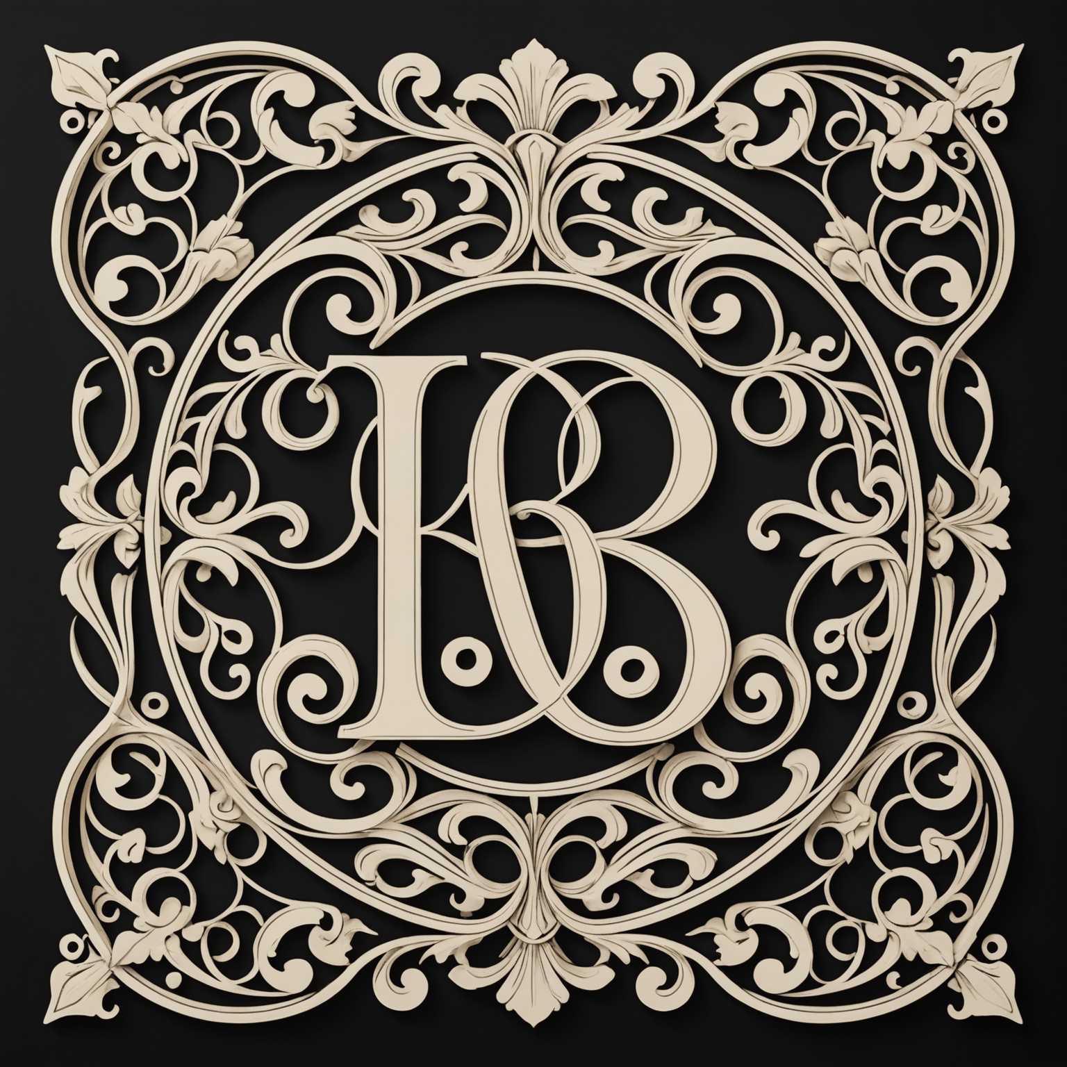 Das Bild zeigt ein elegantes und kunstvolles Monogramm-Design mit den stilisierten Initialen „AB“. Die Buchstaben sind mit kunstvollen, geschwungenen Kurven und Verzierungen verflochten, die an klassische Kalligraphie erinnern. Das Design ist symmetrisch und ausgewogen und zeigt eine Kombination aus kräftigen und feinen Strichen, die sein anspruchsvolles Aussehen unterstreichen. Das Monogramm ist von einem dekorativen Rahmen umgeben, der das Gesamtdesign ergänzt und zu seinem raffinierten und eleganten Aussehen beiträgt. Das Farbschema ist überwiegend in Schwarz-Weiß gehalten, wodurch der Kontrast und die Details der kalligraphischen Elemente betont werden.