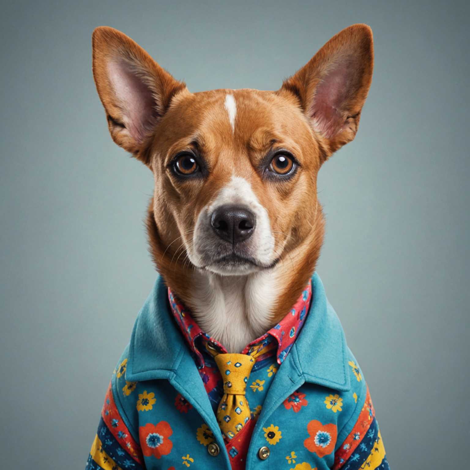Ein schicker Hund trägt ein stilvolles, buntes T-Shirt mit einem trendigen Design. Der Hund hat einen selbstbewussten und freundlichen Ausdruck, mit detaillierten Merkmalen, einschließlich ausdrucksstarker Augen und einem gut gepflegten Fell. Der Hintergrund ist schlicht oder leicht strukturiert, um den Fokus auf den modischen Hund und sein Outfit zu lenken. Der Gesamteindruck ist modern und optisch ansprechend, mit einer spielerischen, aber dennoch schicken Ästhetik.