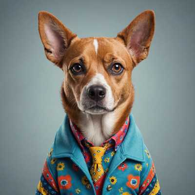 Ein schicker Hund trägt ein stilvolles, buntes T-Shirt mit einem trendigen Design. Der Hund hat einen selbstbewussten und freundlichen Ausdruck, mit detaillierten Merkmalen, einschließlich ausdrucksstarker Augen und einem gut gepflegten Fell. Der Hintergrund ist schlicht oder leicht strukturiert, um den Fokus auf den modischen Hund und sein Outfit zu lenken. Der Gesamteindruck ist modern und optisch ansprechend, mit einer spielerischen, aber dennoch schicken Ästhetik.