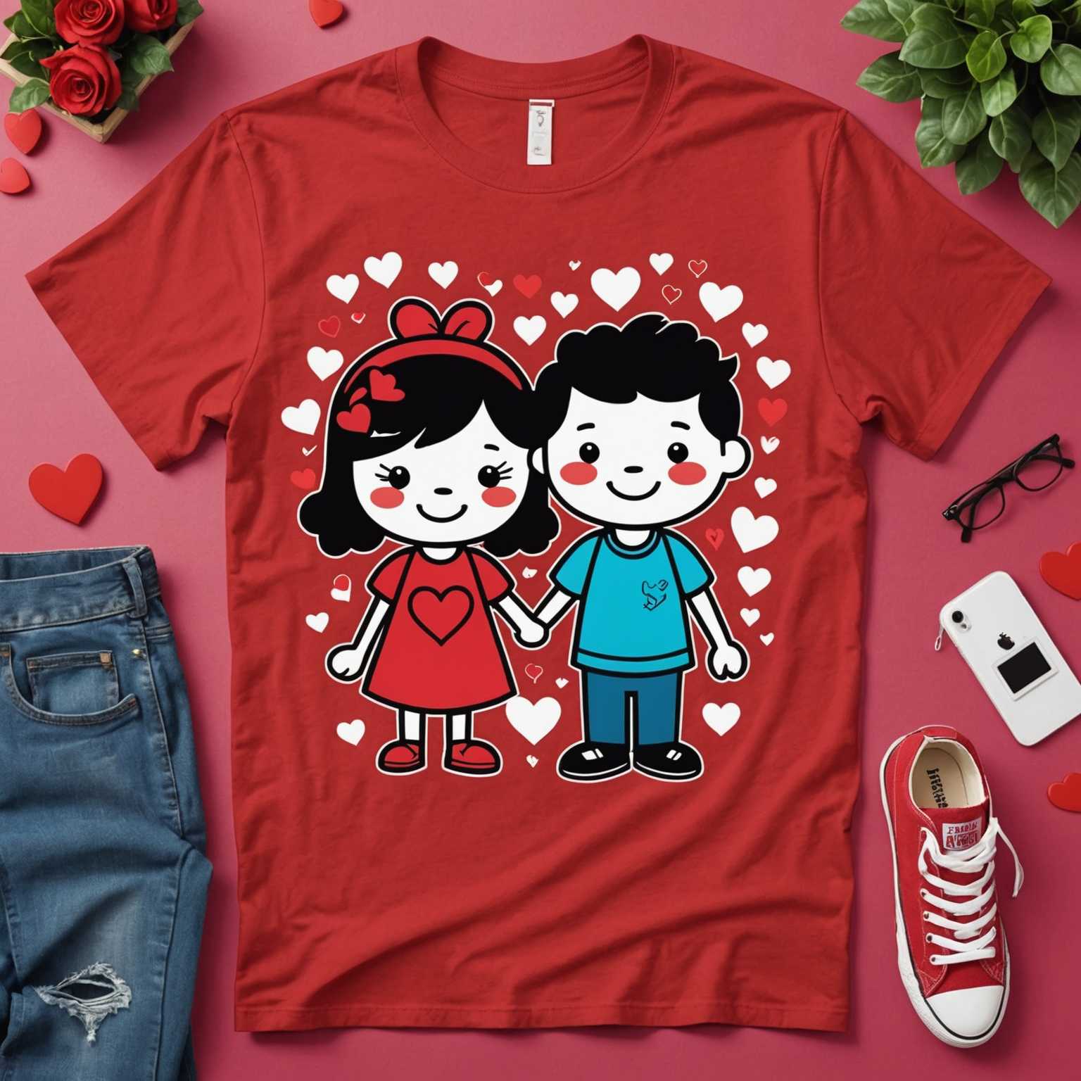 Die Abbildung zeigt eine Sammlung stilvoller Valentinstag-T-Shirt-Designs. Jedes T-Shirt hat ein einzigartiges und verspieltes Cartoon-Design zum Thema Liebe und Valentinstag, das Elemente wie Herzen, niedliche Charaktere, romantische Nachrichten und feiertagsspezifische Grafiken integriert. Die T-Shirts sind in verschiedenen lebendigen Farben und trendigen Schnitten erhältlich, was sie modisch und festlich macht.
