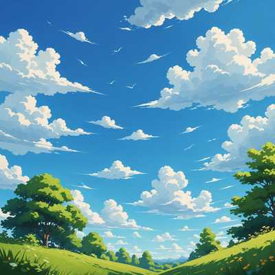 Ein klarer, hellblauer Himmel mit ein paar faul dahinziehenden weißen Wolken. Die Szene ist heiter und friedlich, umgeben von üppigem Grün.