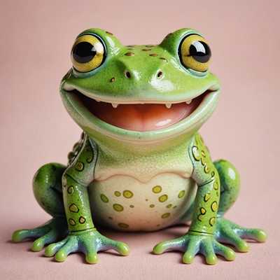 Ein entzückender Frosch mit einem breiten Lächeln, gestaltet in einer sehr reizenden und charmanten Weise, mit übertriebenen, ausdrucksstarken Merkmalen und Pastellfarben.