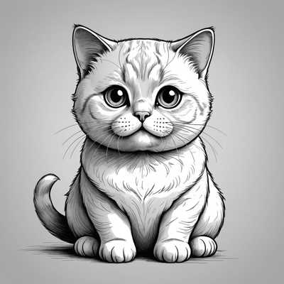 Eine verspielte und niedliche Strichzeichnung einer kleinen, pummeligen Katze, die mit zusammengelegten Vorderpfoten dasitzt. Die Katze hat große, ausdrucksstarke Augen, die ein Gefühl von Unschuld und Neugierde vermitteln. Sie hat abgerundete Ohren, einen kurzen, leicht gekräuselten Schwanz und winzige Schnurrhaare. Die einfachen, aber detaillierten Linien fangen das Wesentliche der Niedlichkeit ein, mit minimaler Schattierung und ohne Hintergrundelemente, wodurch die ganze Aufmerksamkeit auf die charmante Katzenfigur gerichtet wird.