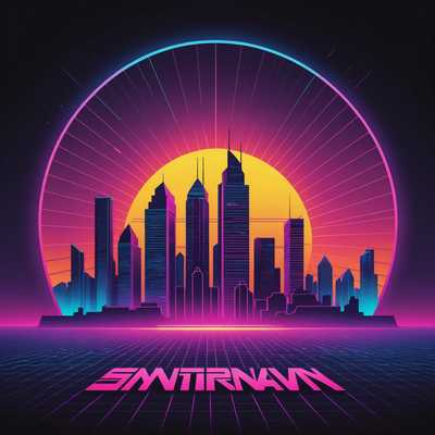 Das Bild zeigt ein lebendiges, futuristisches Logo im Stil des Synthwave-Genres. Im Zentrum des Designs steht eine Retro-Skyline mit neonverstärkten Elementen und einer farbverlaufs Sonnenuntergang hinter ikonischen Wolkenkratzern im Stil der 1980er Jahre. Der Hintergrund besteht aus einem Gittermuster, das sich bis zum Horizont erstreckt und ein Gefühl von Tiefe erzeugt. Die Skyline ist von kräftigen, geometrischen Linien und Formen umgeben, die in elektrischen Blau- und Lilatönen leuchten und einen dynamischen, pulsierenden Effekt erzeugen. Die Gesamtästhetik harmoniert perfekt mit dem retro-futuristischen Vibe, der durch lebendige Neonfarben und ein Gefühl der Nostalgie für die 1980er Jahre geprägt ist.
