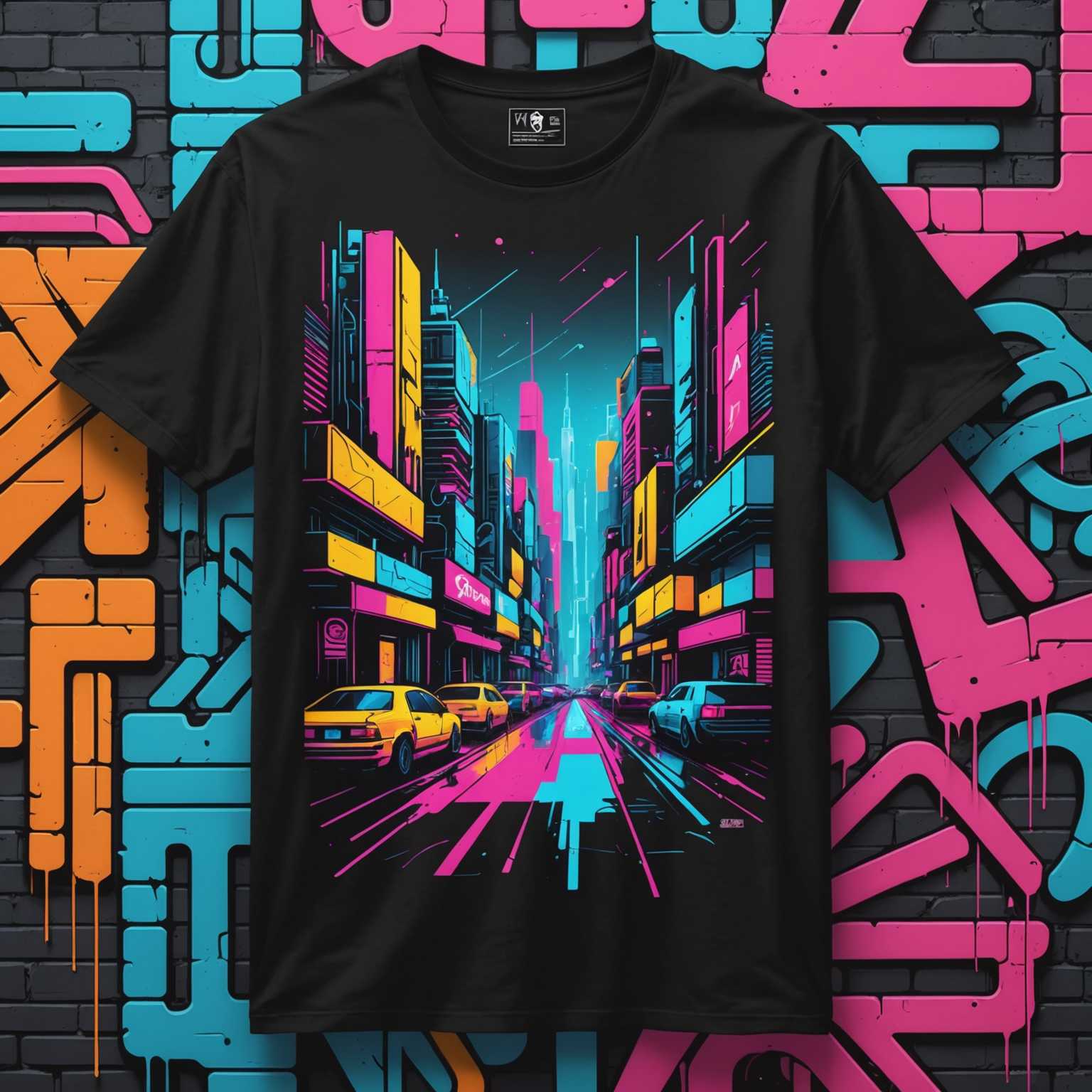 Dieses Bild zeigt ein T-Shirt mit lebendigen Graffiti-Street-Art-Designs. Die Kunstwerke beinhalten einen auffallenden Mix aus Cyberpunk- und Illustrationselementen, darunter neonfarbene geometrische Formen, futuristische Stadtlandschaften und edgy, stilisierte Figuren. Das Design des T-Shirts kombiniert scharfkantige Linien und dynamische Formen, die eine moderne, urbane Ästhetik mit einem starken Fokus auf auffälligen, auffälligen visuellen Elementen widerspiegeln.