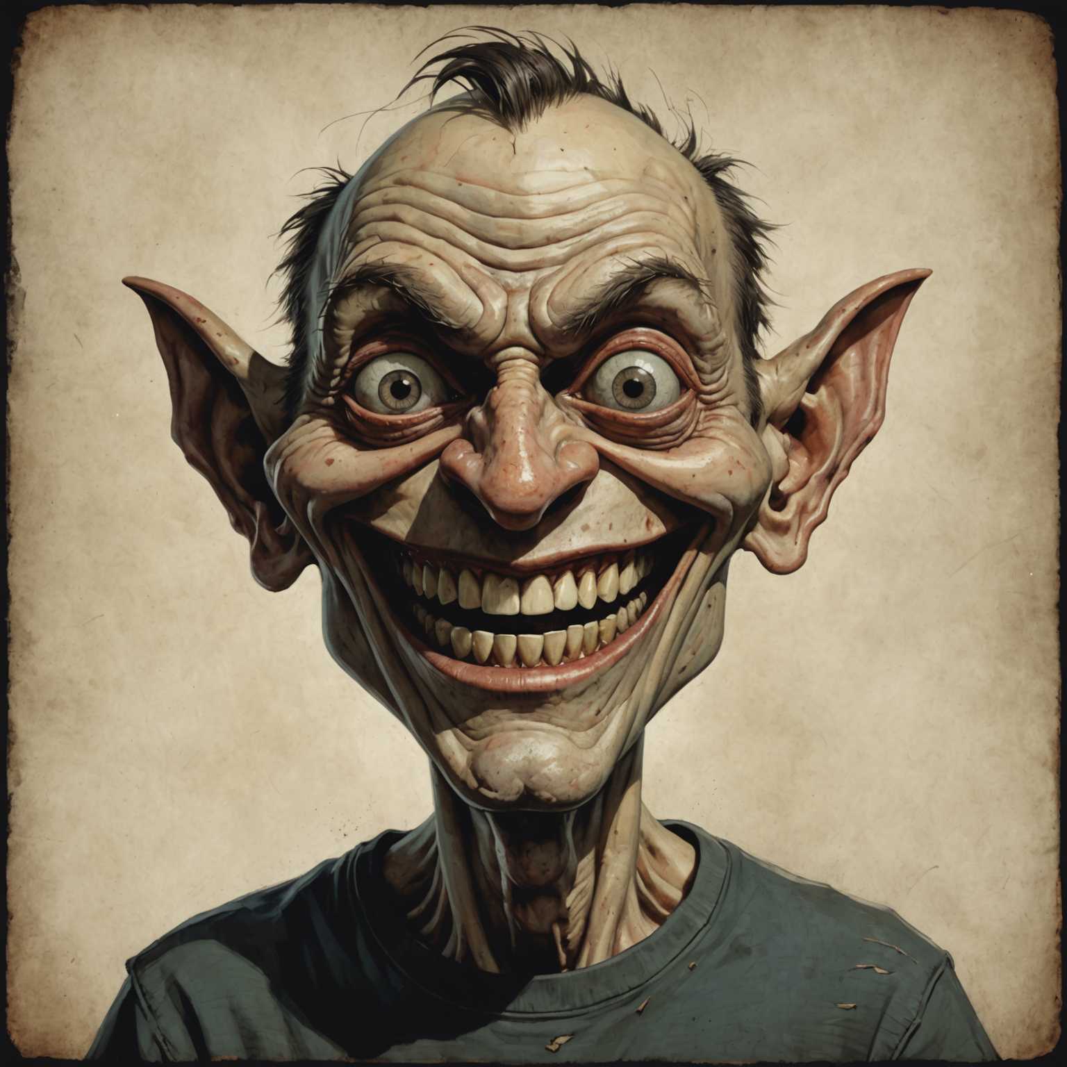 Das Bild zeigt eine groteske und skurrile Karikatur einer Person mit übertriebenen Gesichtszügen. Die Figur hat einen großen, verzerrten Kopf mit hervorquellenden Augen, einem breiten, zahnigen Grinsen und einer langen, spitzen Nase. Der Hautton ist blass mit einigen dunklen, unheimlichen Schatten, die das gruselige Erscheinungsbild verstärken. Die Figur trägt ein zerfetztes T-Shirt, das alt und abgenutzt aussieht und die unheimliche und beunruhigende Atmosphäre des Avatars unterstreicht. Der Hintergrund ist schlicht, was die grotesken und übertriebenen Züge der Figur weiter betont.