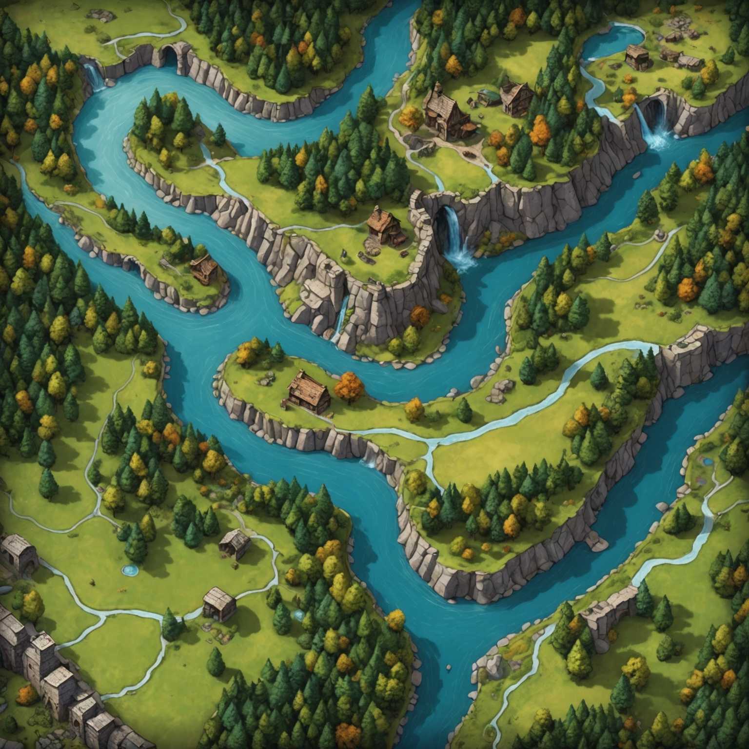 Das Bild zeigt eine detaillierte und farbenfrohe Fantasy-Schlachtkarte für Tabletop-Spiele. Es zeigt eine vielfältige Landschaft mit üppigen Wäldern, gewundenen Flüssen, felsigen Bergen und einem mittelalterlichen Dorf mit Steingebäuden und Kopfsteinpflasterwegen. Es gibt Lichtungen und offene Felder für Kämpfe, Brücken, die Flüsse überqueren, und verstreute alte Ruinen. Verschiedene Geländearten wie grasbewachsene Wiesen, sandige Wüsten und eisige Tundren sind dargestellt und bieten eine Vielzahl von Umgebungen für das Spiel. Die Illustration ist reich an Texturen und zeigt sorgfältige Details wie Laub, Schatten und Wasserreflexionen, die eine fesselnde und dynamische Kulisse für Abenteuer schaffen.