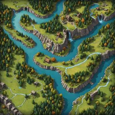 Das Bild zeigt eine detaillierte und farbenfrohe Fantasy-Schlachtkarte für Tabletop-Spiele. Es zeigt eine vielfältige Landschaft mit üppigen Wäldern, gewundenen Flüssen, felsigen Bergen und einem mittelalterlichen Dorf mit Steingebäuden und Kopfsteinpflasterwegen. Es gibt Lichtungen und offene Felder für Kämpfe, Brücken, die Flüsse überqueren, und verstreute alte Ruinen. Verschiedene Geländearten wie grasbewachsene Wiesen, sandige Wüsten und eisige Tundren sind dargestellt und bieten eine Vielzahl von Umgebungen für das Spiel. Die Illustration ist reich an Texturen und zeigt sorgfältige Details wie Laub, Schatten und Wasserreflexionen, die eine fesselnde und dynamische Kulisse für Abenteuer schaffen.