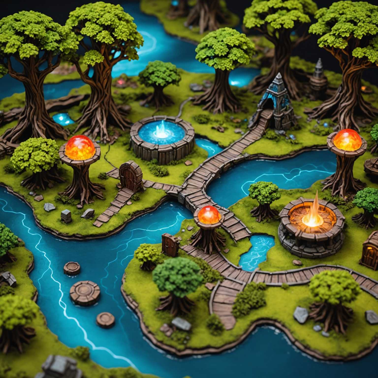 Das Bild zeigt einen detaillierten und farbenfrohen Fantasy-Terrain-Kartenabschnitt für Dungeons and Dragons. Es werden mystische Elemente wie leuchtende Portale und verzauberte Haine gezeigt. Bunte Farben und feine Details schaffen eine immersive und abenteuerliche Atmosphäre, perfekt für ein Fantasy-Rollenspiel.