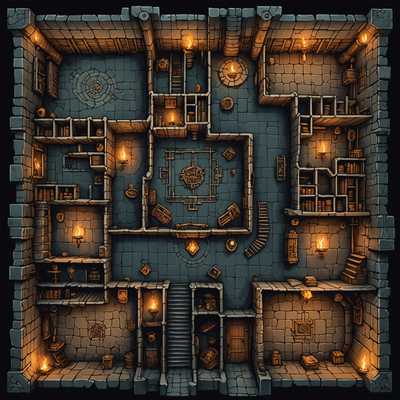Die Abbildung zeigt eine detaillierte und aufwendig gezeichnete Karte eines dunklen, unterirdischen Dungeons, wie sie typischerweise in Tabletop-RPG-Spielen verwendet wird. Die Karte ist voller gewundener Korridore, geheimer Türen, verschiedener miteinander verbundener Räume und Kammern, die mit Fallen und versteckten Schätzen gefüllt sind. Einige Räume enthalten ominöse Symbole, antike Ruinen und verstreute Skelette, die auf vergangene Abenteurer hinweisen, die ihr Ende gefunden haben. Fackeln säumen die Wände und werfen flackerndes Licht und Schatten. Es gibt Bereiche, die wie antike Bibliotheken, Schatzkammern, Alchemielabore, Gefängniszellen und unheimliche Opferaltäre aussehen. Verschiedene Abschnitte sind mit Beschriftungen oder Symbolen gekennzeichnet, die Gefahrenzonen, magische Bereiche oder sichere Zufluchtsorte anzeigen. Die Atmosphäre ist dunkel, mysteriös und sowohl für Abenteurer, die Ruhm und Reichtum suchen, voller Gefahren als auch verlockend.