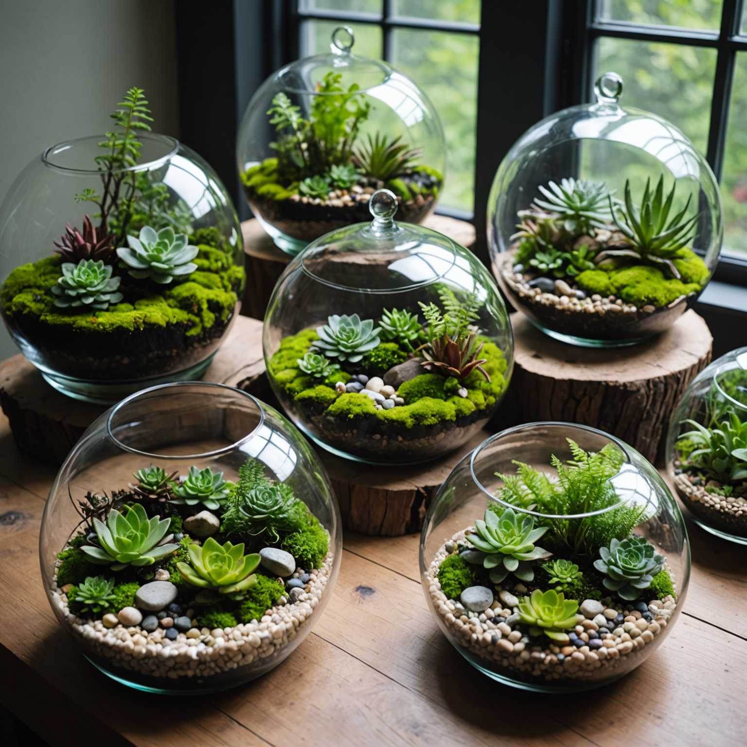 Im Bild sind mehrere Glasterrarien in verschiedenen Formen und Größen zu sehen. Jedes Terrarium enthält ein Miniatur-Ökosystem mit lebendigen grünen Pflanzen, Moosen, kleinen Farnen und Sukkulenten. Die Pflanzen sind künstlerisch arrangiert, wobei einige Terrarien kleine dekorative Elemente wie kleine Steine, Treibholz oder Miniaturfiguren enthalten. Das Glas reflektiert Licht und erzeugt einen schimmernden Effekt, der die Details des üppigen Grüns im Inneren verstärkt. Der Hintergrund ist neutral und lässt die Terrarien zum Mittelpunkt der Szene werden. Die Gesamtkomposition strahlt eine Atmosphäre von friedlicher, natürlicher Schönheit aus und wirkt wie ein sorgfältig gestaltetes 3D-Kunstwerk.
