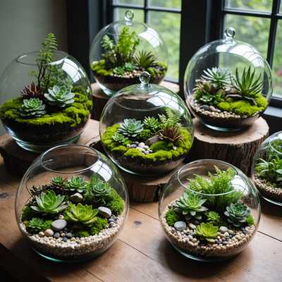 Im Bild sind mehrere Glasterrarien in verschiedenen Formen und Größen zu sehen. Jedes Terrarium enthält ein Miniatur-Ökosystem mit lebendigen grünen Pflanzen, Moosen, kleinen Farnen und Sukkulenten. Die Pflanzen sind künstlerisch arrangiert, wobei einige Terrarien kleine dekorative Elemente wie kleine Steine, Treibholz oder Miniaturfiguren enthalten. Das Glas reflektiert Licht und erzeugt einen schimmernden Effekt, der die Details des üppigen Grüns im Inneren verstärkt. Der Hintergrund ist neutral und lässt die Terrarien zum Mittelpunkt der Szene werden. Die Gesamtkomposition strahlt eine Atmosphäre von friedlicher, natürlicher Schönheit aus und wirkt wie ein sorgfältig gestaltetes 3D-Kunstwerk.
