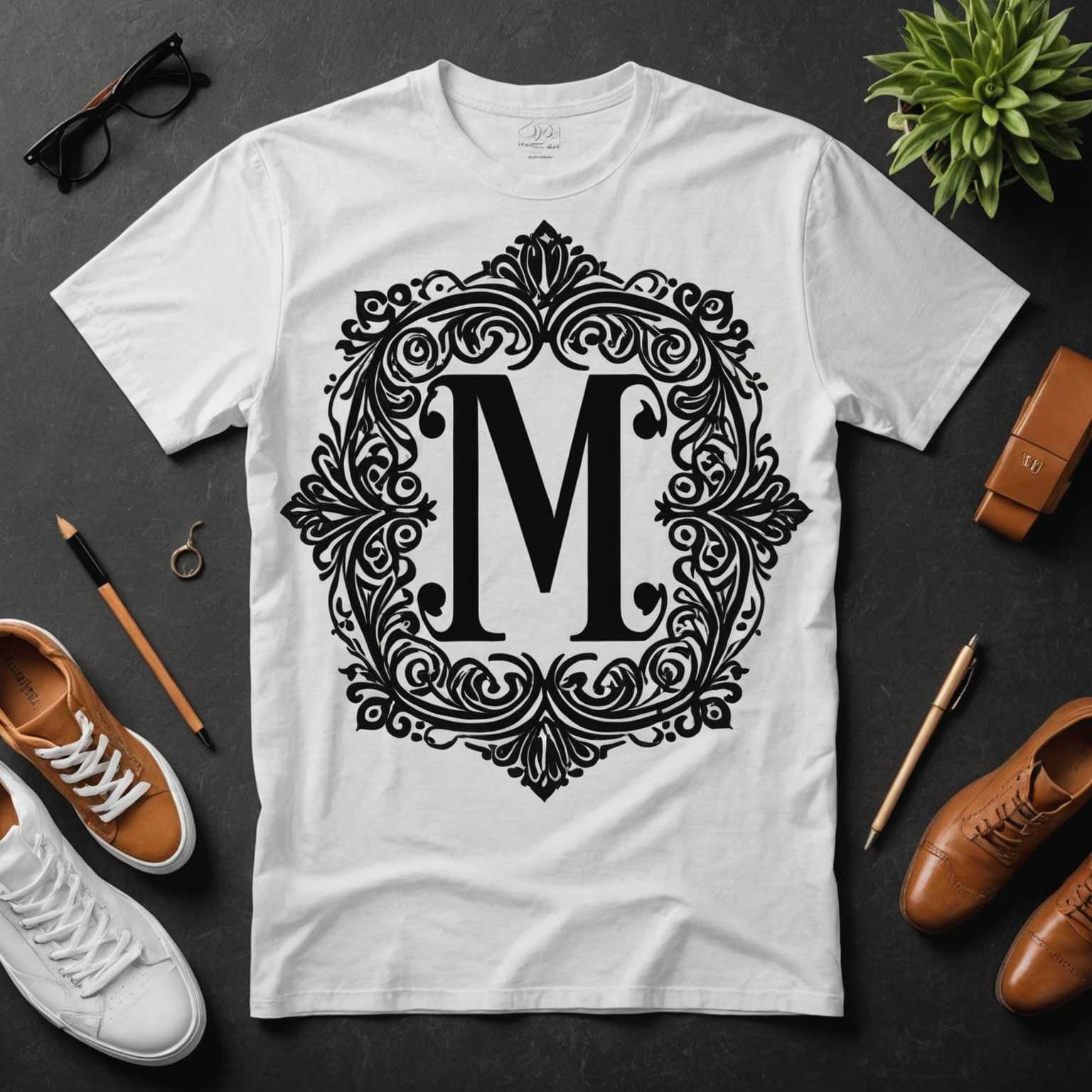 Ein stylisches T-Shirt mit einem auffälligen Monogramm-Design. Die Illustration zeigt eine kunstvolle Typografie mit dekorativen Elementen, die die Buchstaben hervorheben. Das Design ist zentriert und macht das Monogramm zum Mittelpunkt des Shirts, das Eleganz mit einer modernen Ästhetik verbindet. Das monochrome Farbschema verstärkt die Raffinesse des Designs und schafft einen visuell ansprechenden und trendigen Look.