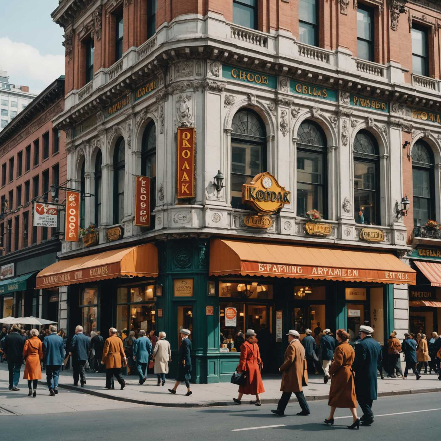 Eine geschäftige Straßenszene, eingefangen in lebendigen Kodak-Farben, zeigt eine harmonische Mischung aus zeitloser Architektur und Menschen in Retro-Outfits. Die Straßen sind gesäumt von charmanten Gebäuden mit Vintage-Fassaden, kunstvollen Details und klassischen Schildern. Fußgänger schlendern gemächlich umher und gehen ihren täglichen Aktivitäten nach, was einen in eine vergangene Ära eintauchen lässt. Die Atmosphäre insgesamt weckt eine nostalgische Reise durch die Zeit, in der jedes Element – von der Mode bis zur städtischen Landschaft – eine Geschichte von einer einfacheren, aber lebendigen Vergangenheit erzählt.