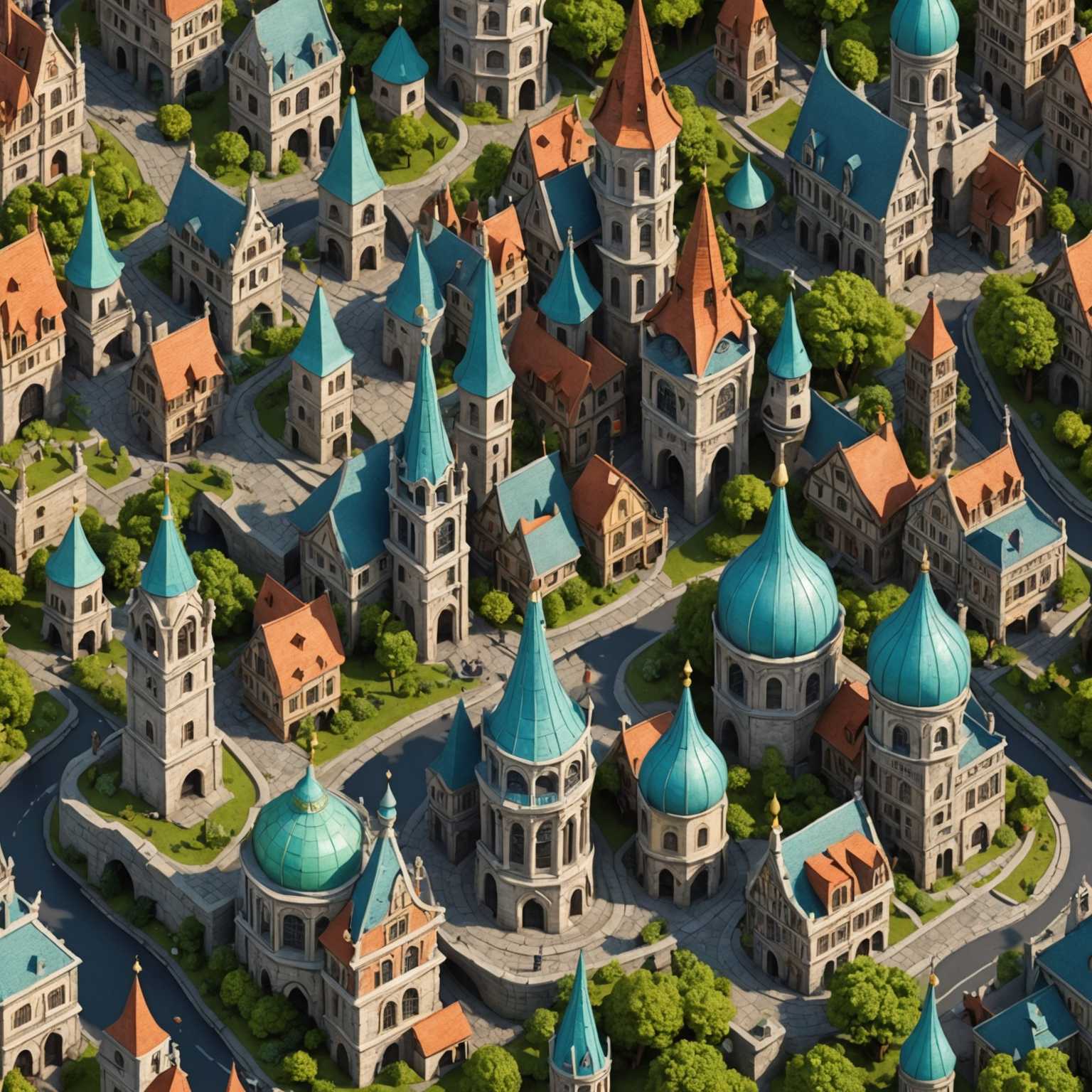 In dem Bild sehen Sie eine skurrile Miniatur-Fantasie-Stadt in 3D dargestellt. Die Stadt besteht aus kunstvoll gestalteten Gebäuden mit eigenwilliger, fantasievoller Architektur. Einige Strukturen haben hohe Türme, während andere abgerundete Kuppeln oder aufwendige Dächer haben. Die Stadtlandschaft liegt eingebettet in üppige, grüne Landschaften, mit gewundenen Kopfsteinpflasterwegen, die sich zwischen den Gebäuden schlängeln. Kleine Details wie Laternen, Hängebrücken und Balkone tragen zum Charme dieser bezaubernden Miniaturwelt bei. Die Gesamtatmosphäre ist magisch und surreal und weckt ein Gefühl von Wunder und Neugierde.