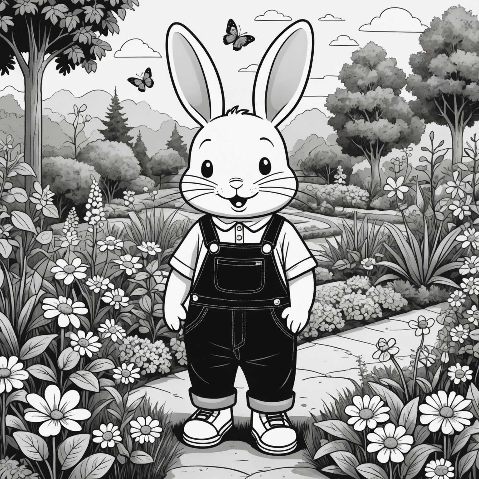 Das Bild zeigt eine Schwarz-Weiß-Malbuchseite für Kleinkinder. Es zeigt eine niedliche Cartoon-Szene mit einem lächelnden, vermenschlichten Hasen, der Latzhosen trägt und in der Mitte eines Gartens steht. Umgeben ist der Hase von verschiedenen Pflanzen, Blumen und einem Schmetterling. Der Kunststil ist einfach und verspielt, mit kräftigen Umrissen, die es kleinen Kindern leicht machen, das Bild auszumalen. Die gesamte Komposition strahlt eine fröhliche und verspielte Atmosphäre aus.